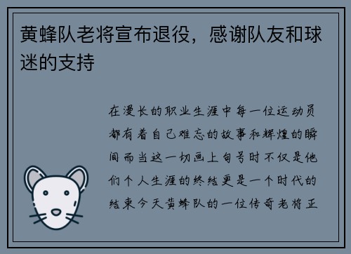 黄蜂队老将宣布退役，感谢队友和球迷的支持